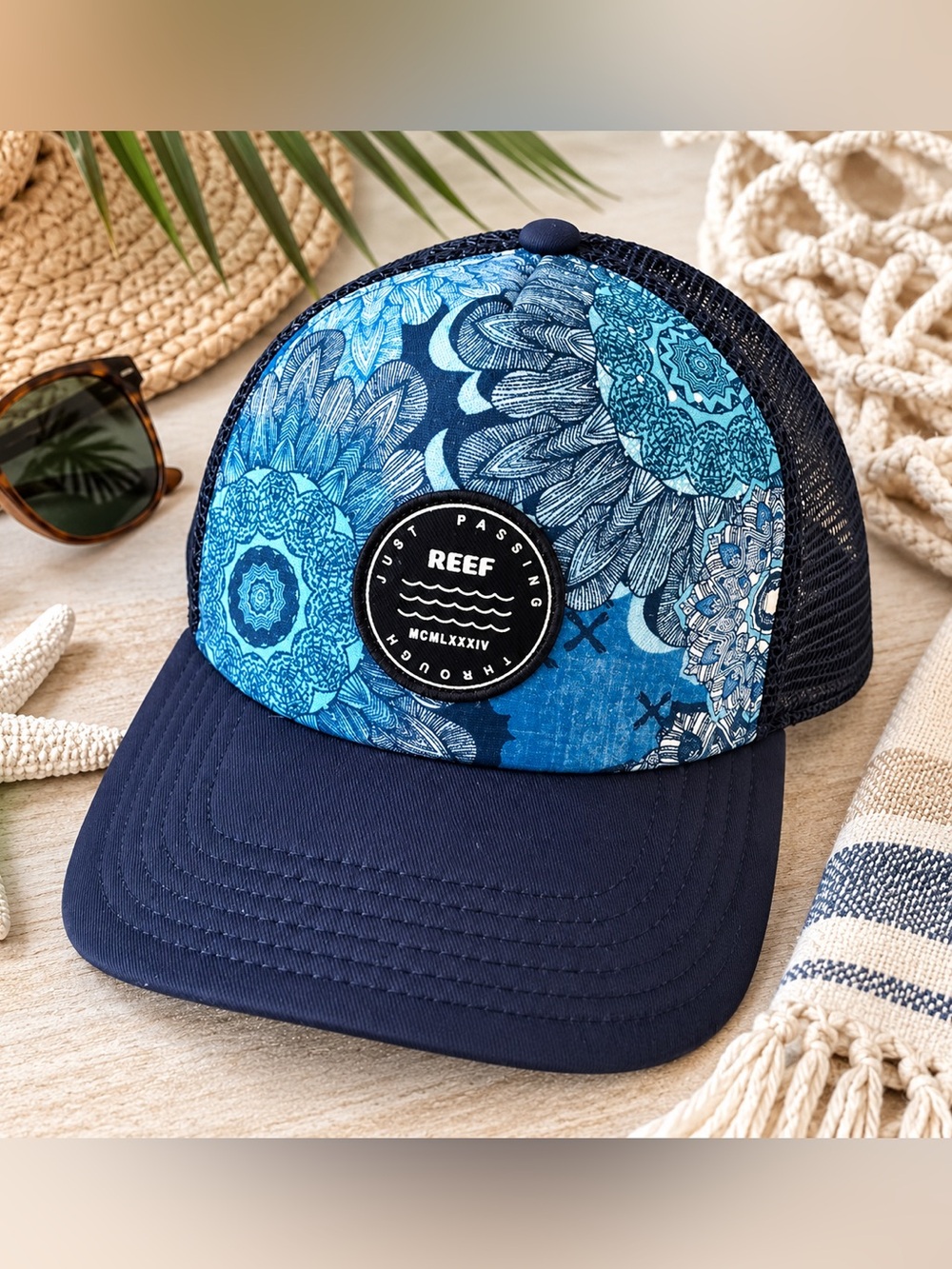 REEF Tropical Floral Trucker Hat Blue Navy Mesh Snapback Surf Beach Cap